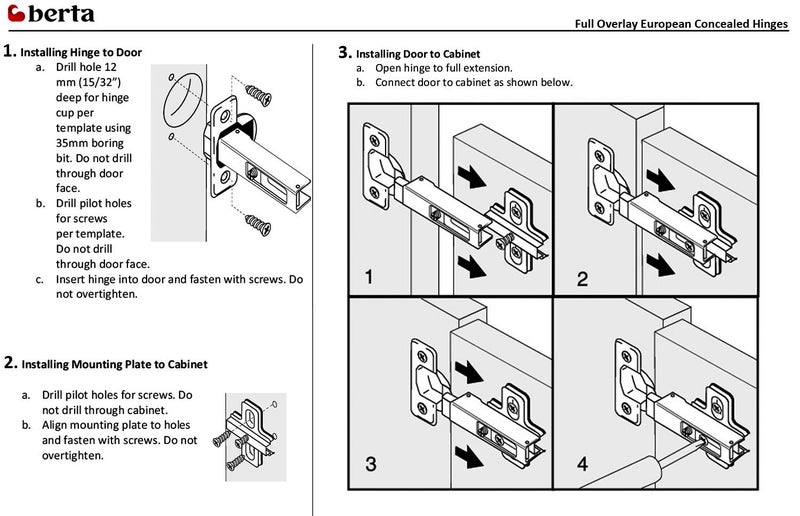 Berta (60 Pieces) Full Overlay Frameless European Hinges, 105 Degree 2-Cam 4-Way Adjustable Concealed Kitchen Cabinet Door Hinges with Screws - Image 4